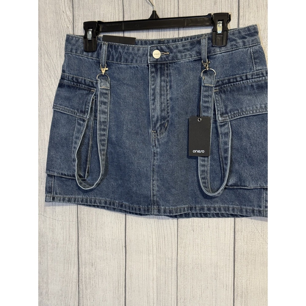 Oneso Women's Denim Mini Skirt M Blue Jean Utility Pocket Strap Detail NWT